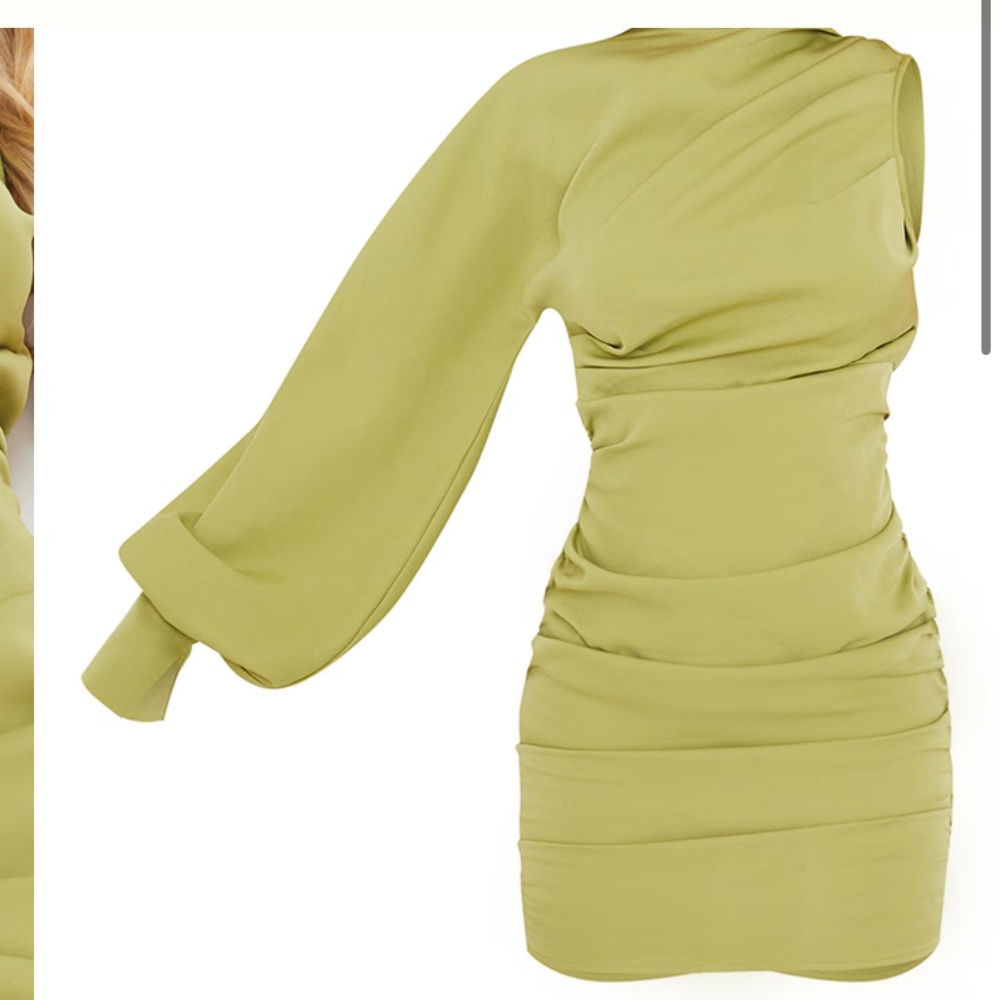 PLT SAGE GREEN ONE SLEEVE RUCHED WOVEN BODYCON DRESS